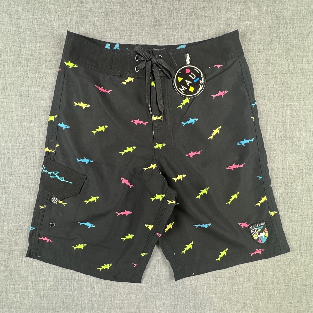 Maui And Sons Board Shorts Mens 28 Black Shark Print Swim Trunks Pockets